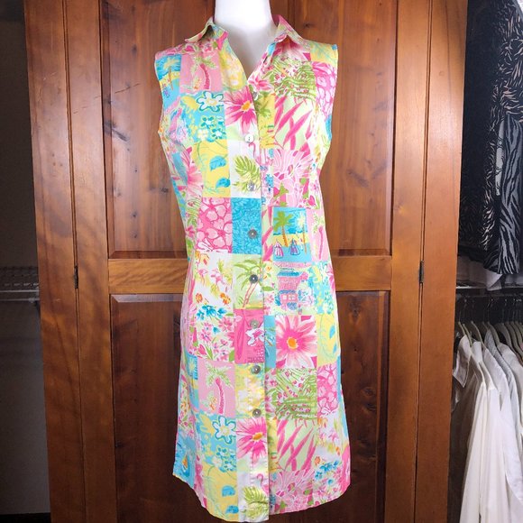 Vintage Palm Lily Cottagecore Sleeveless Boho Patchwork Button Front Shirt Dress - Picture 1 of 16